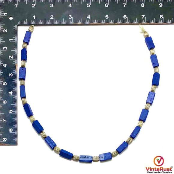 Lapis Lazuli Beaded Necklace: Silver Accent, Adjustable Cotton Tie - Picture 6 of 7